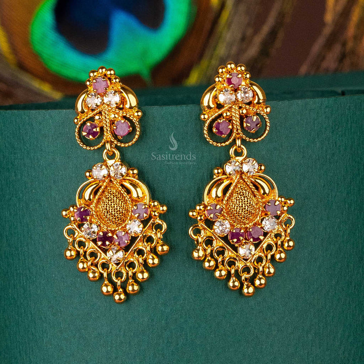 Elegant one gram micro gold plated white ruby ad stones floral designer earrings sasitrends