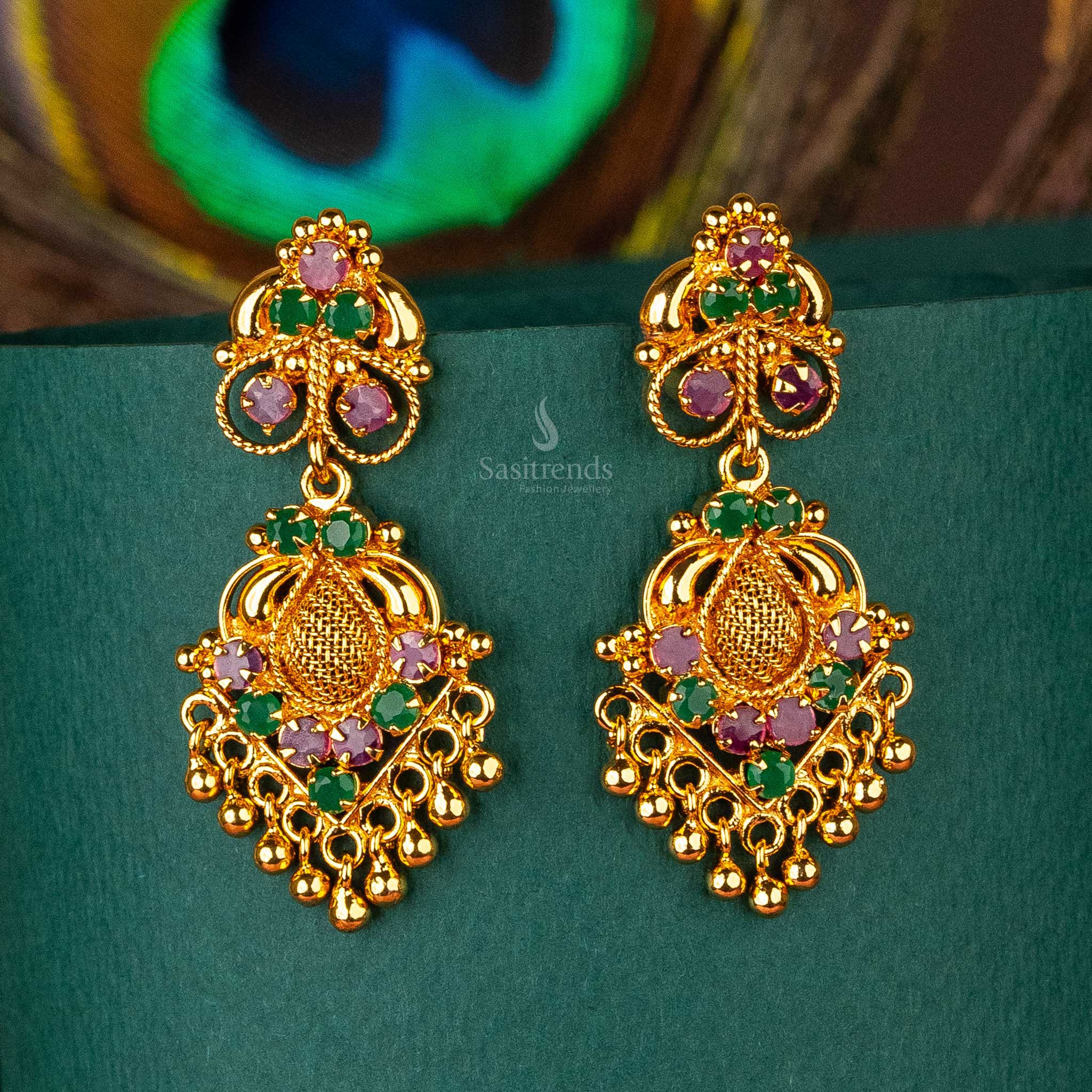 Traditional micro gold plated floral motif ruby green ad stone stud earrings sasitrends