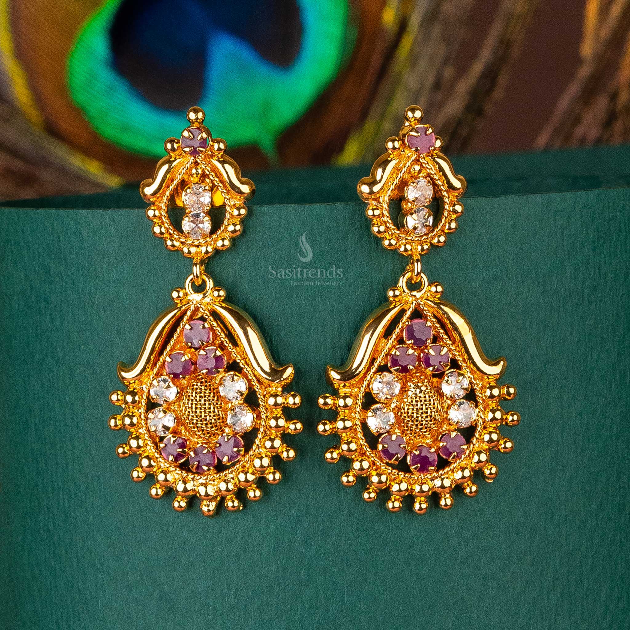 Traditional micro gold plated floral motif ruby white ad stone stud earrings sasitrends