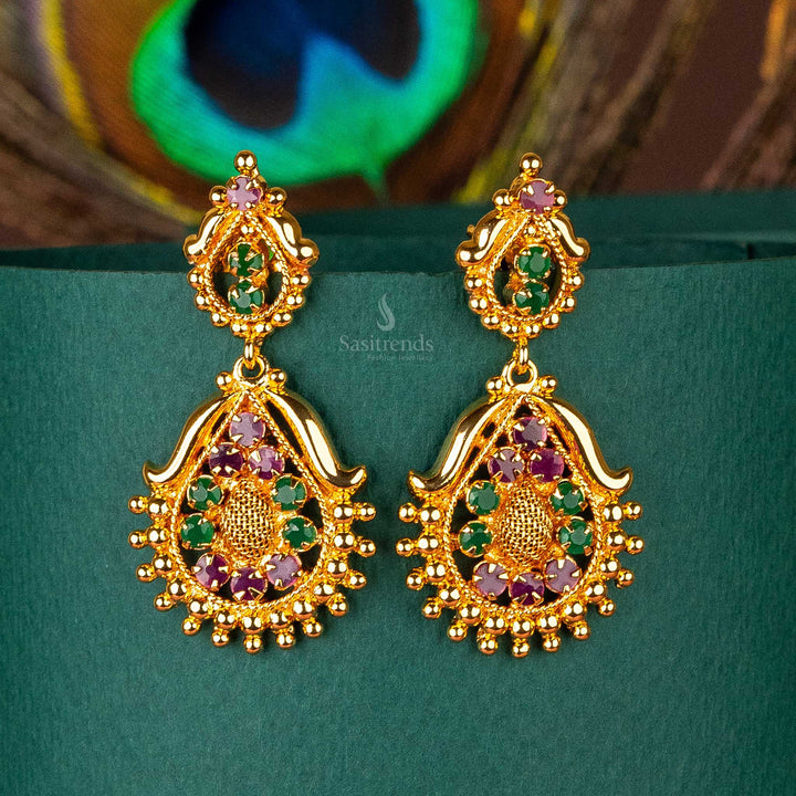 Elegant one gram micro gold plated ruby green ad stones floral designer earrings sasitrends