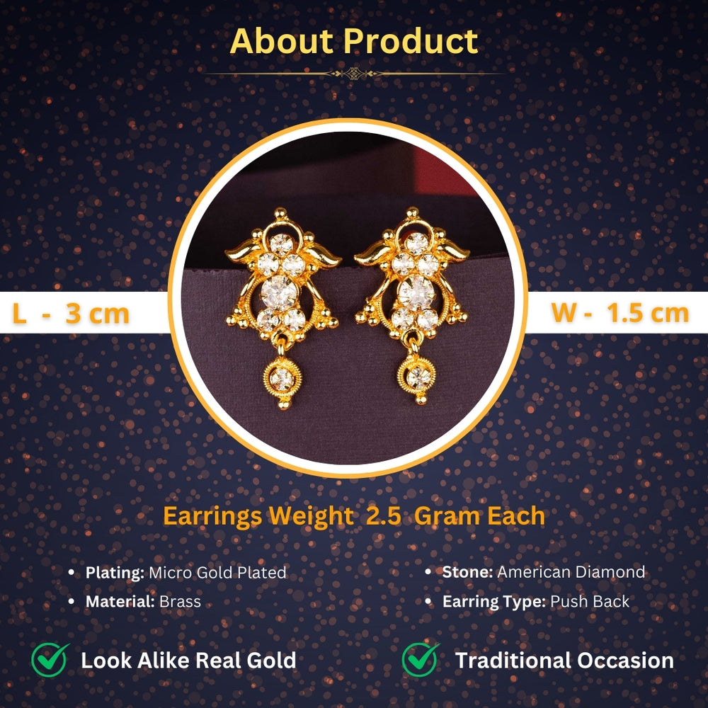 Trendy Guaranteed One Gram Micro Gold Plated AD Stone Stud Earrings Measurement Details Sasitrends 