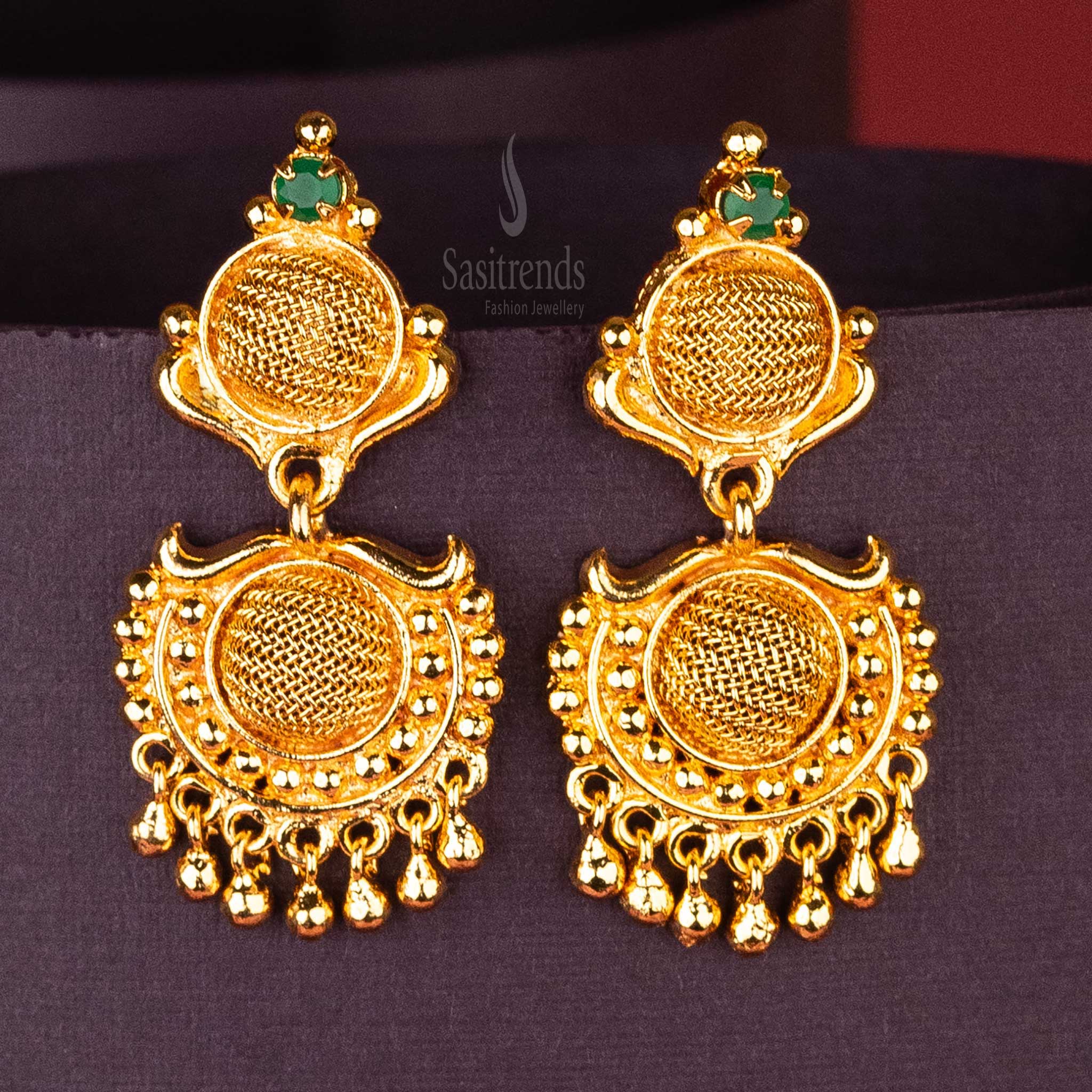 Charming Green AD Stone One Gram Gold Plated Drop Earrings with Mesh Design and Highlight Top Stone