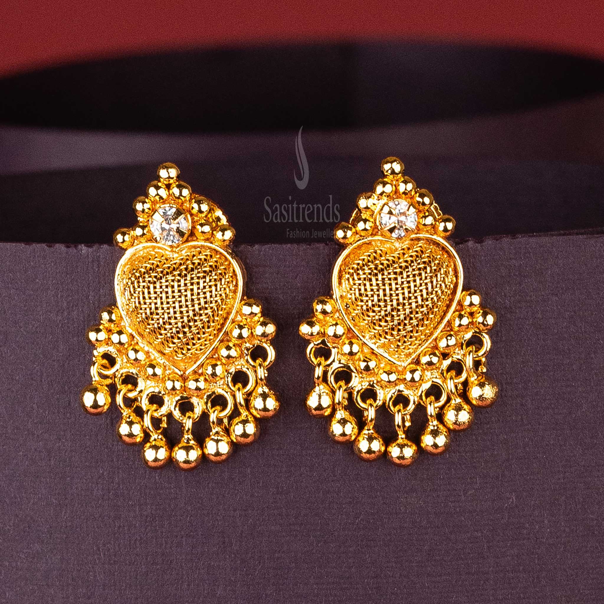 Elegant White Heart Mesh Earrings with Micro Gold Plating and Sparkling AD Stone – Premium Quality