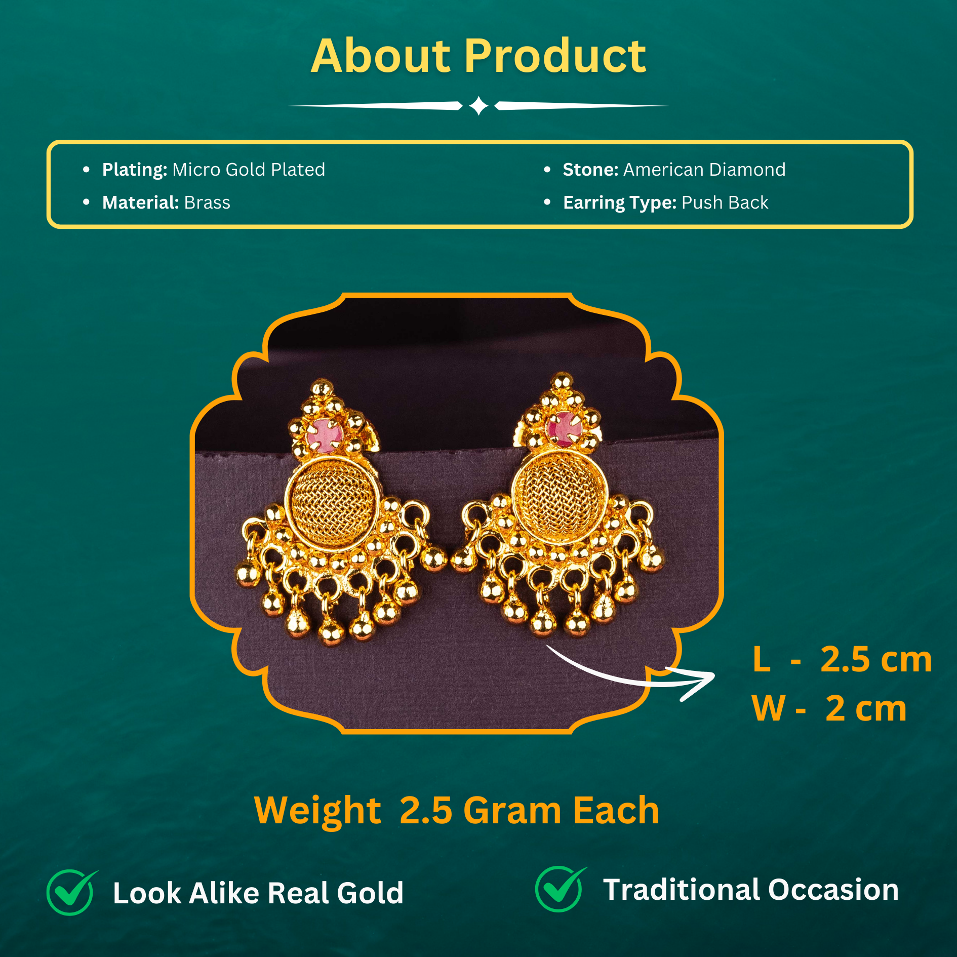 Guaranteed Micro Gold Plated Circular Pattern AD Stone Studded Earrings Sasitrends Measurement Details