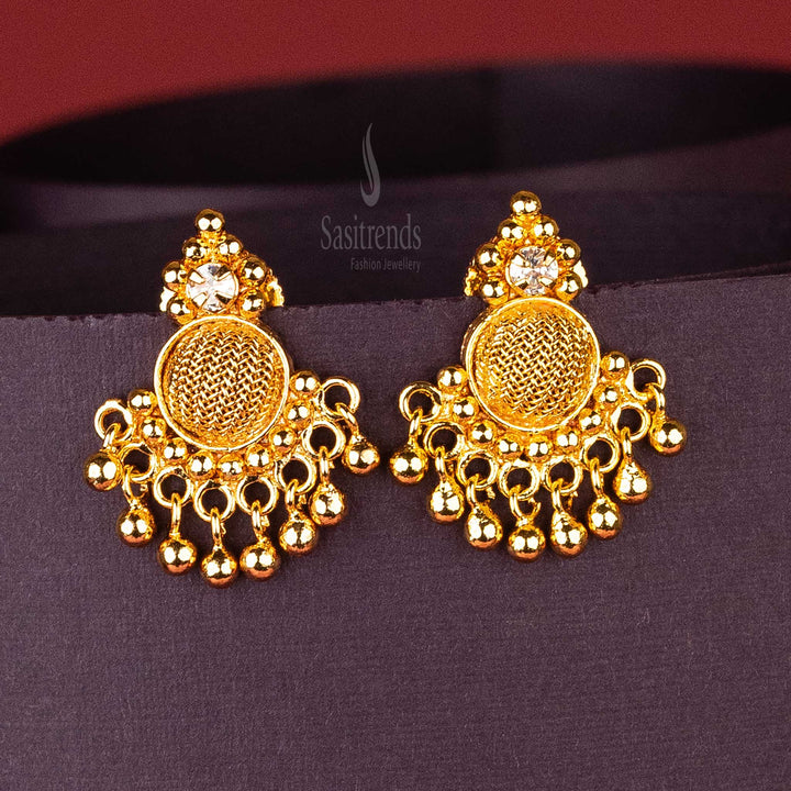 Sasitrends | Micro Gold-Plated AD Stone Studded Round Mesh Design Earrings with Golden Balls Dangling