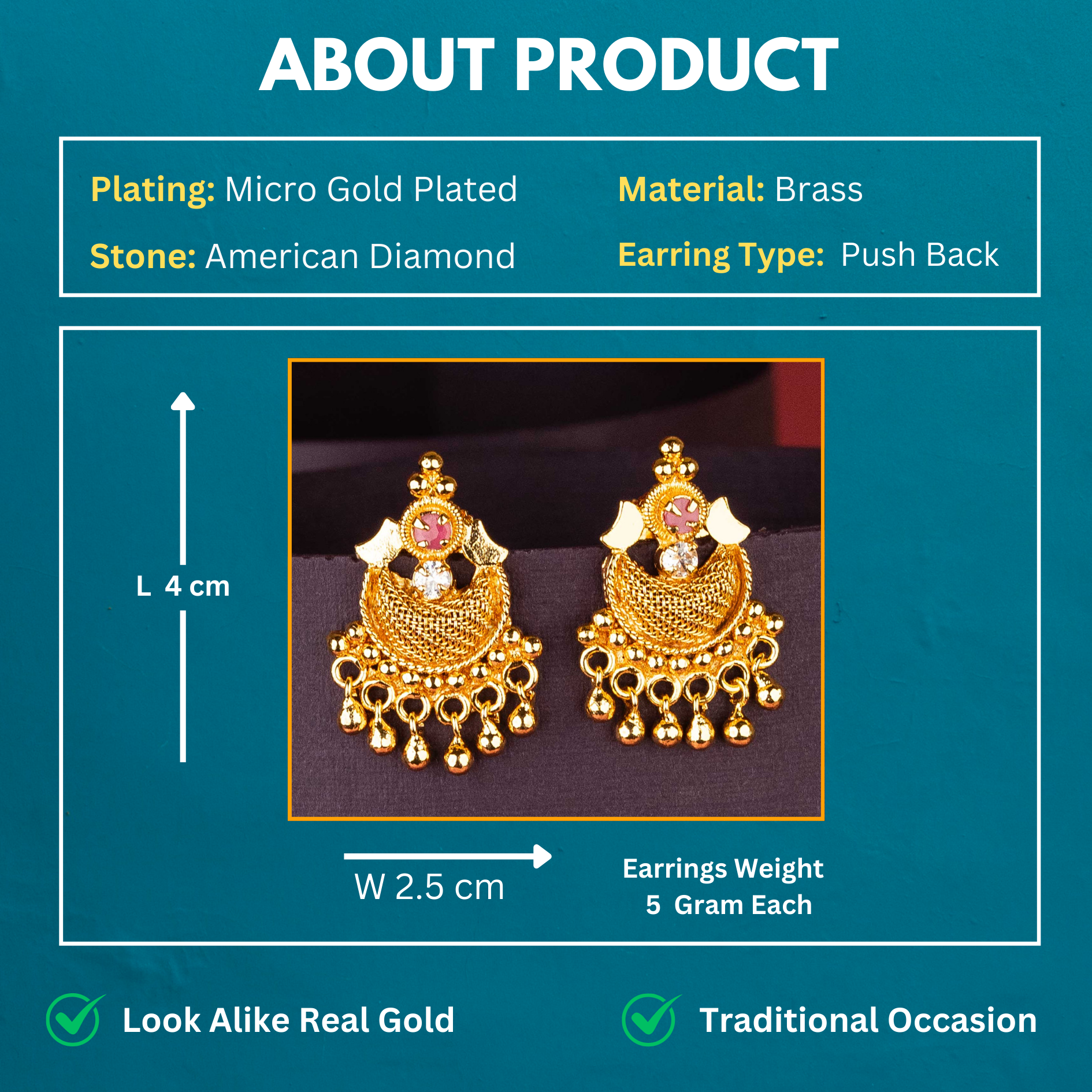 Guaranteed One Gram Micro Gold Plated AD Stone Stud Earrings Measurement Details