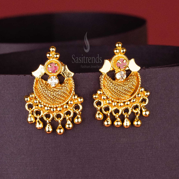 Sasitrends - One Gram Micro Gold-Plated AD Stone Studded Crescent Mesh Design Earrings with Golden Balls Dangling