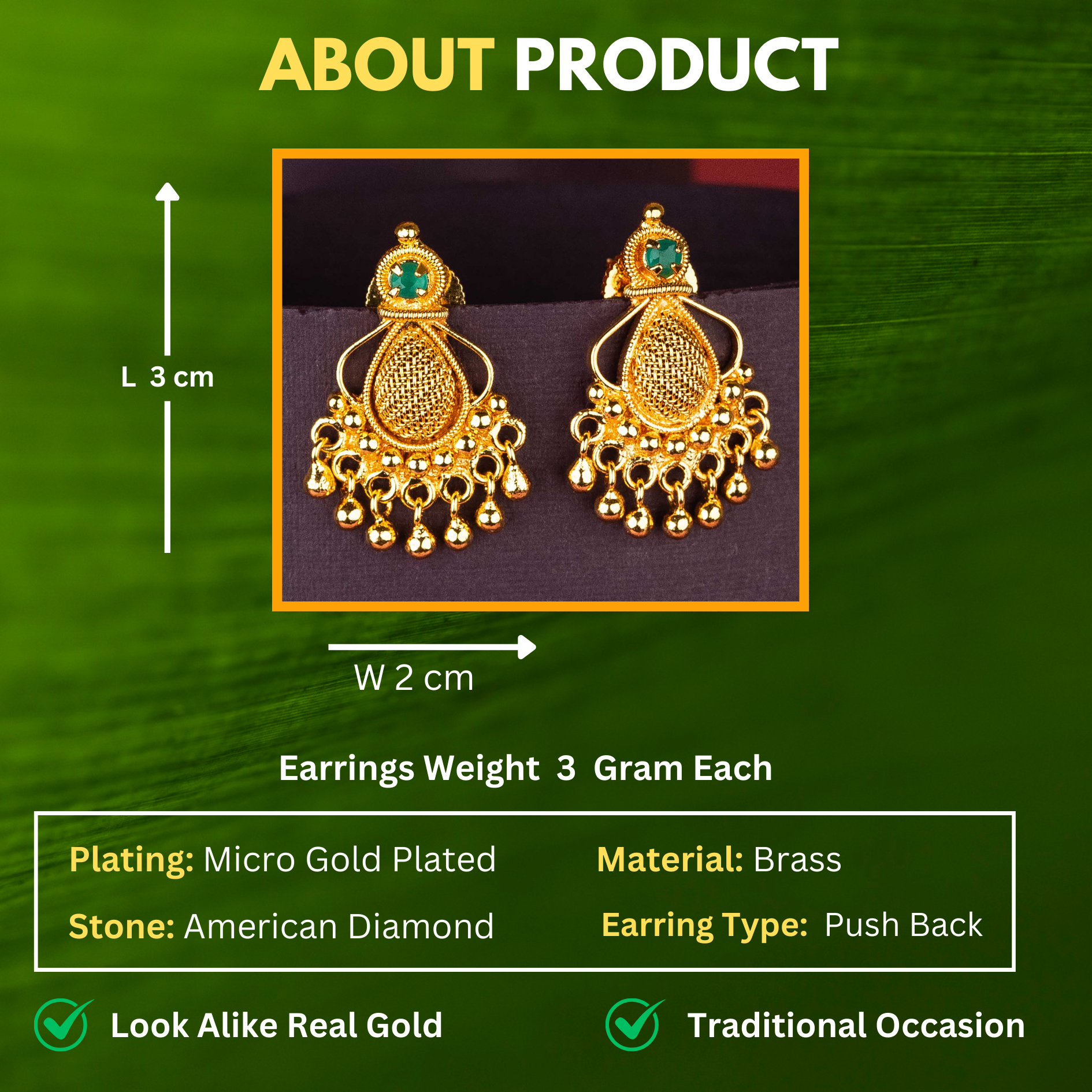 Traditional One Gram Micro Gold Plated AD Stone Measurement Details Sasitrends