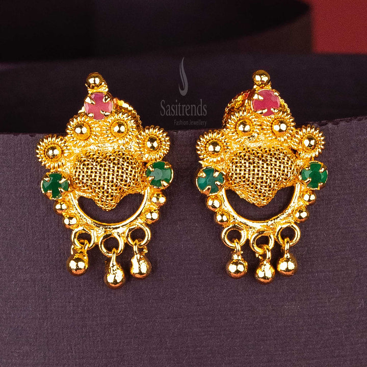 Intricate Mesh Design Micro Gold Plated Earrings with AD Stones | Sasitrends