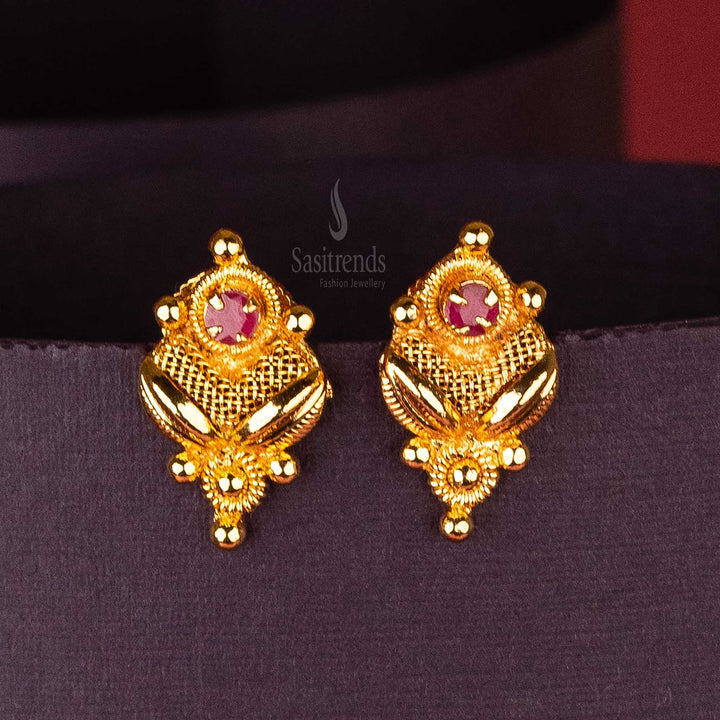 Elegant Leaf Mesh Micro Gold Plated Earrings with AD Stone | Sasitrends