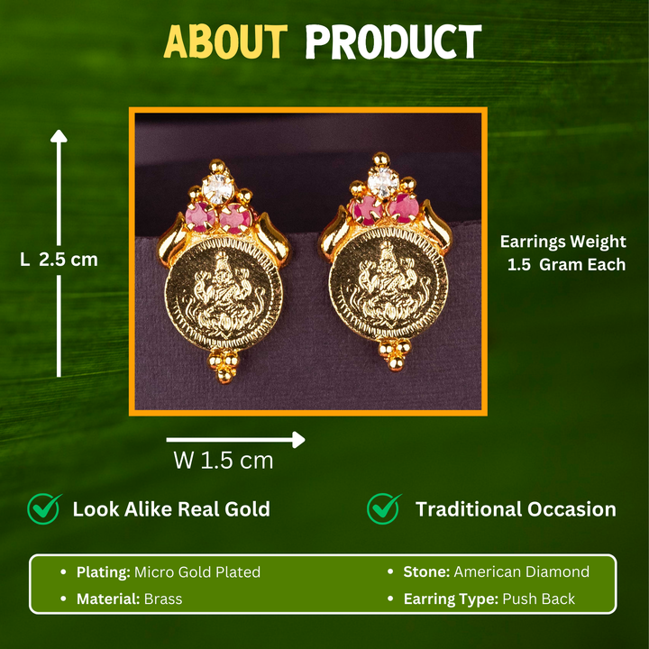 Laxshmi Coin Designer AD Stone Stud Guaranteed Micro Gold Plated Earrings Sasitrends Measurement Details