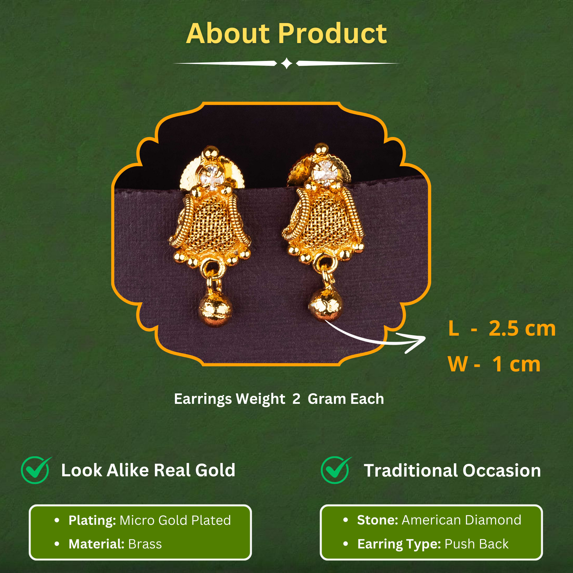 Traditional Micro Gold Plated Guaranteed Earrings Measurement Details Sasitrends