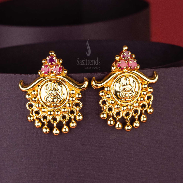 Ruby Temple Earrings with Lakshmi Motif and Three AD Stones – Traditional Golden Balls