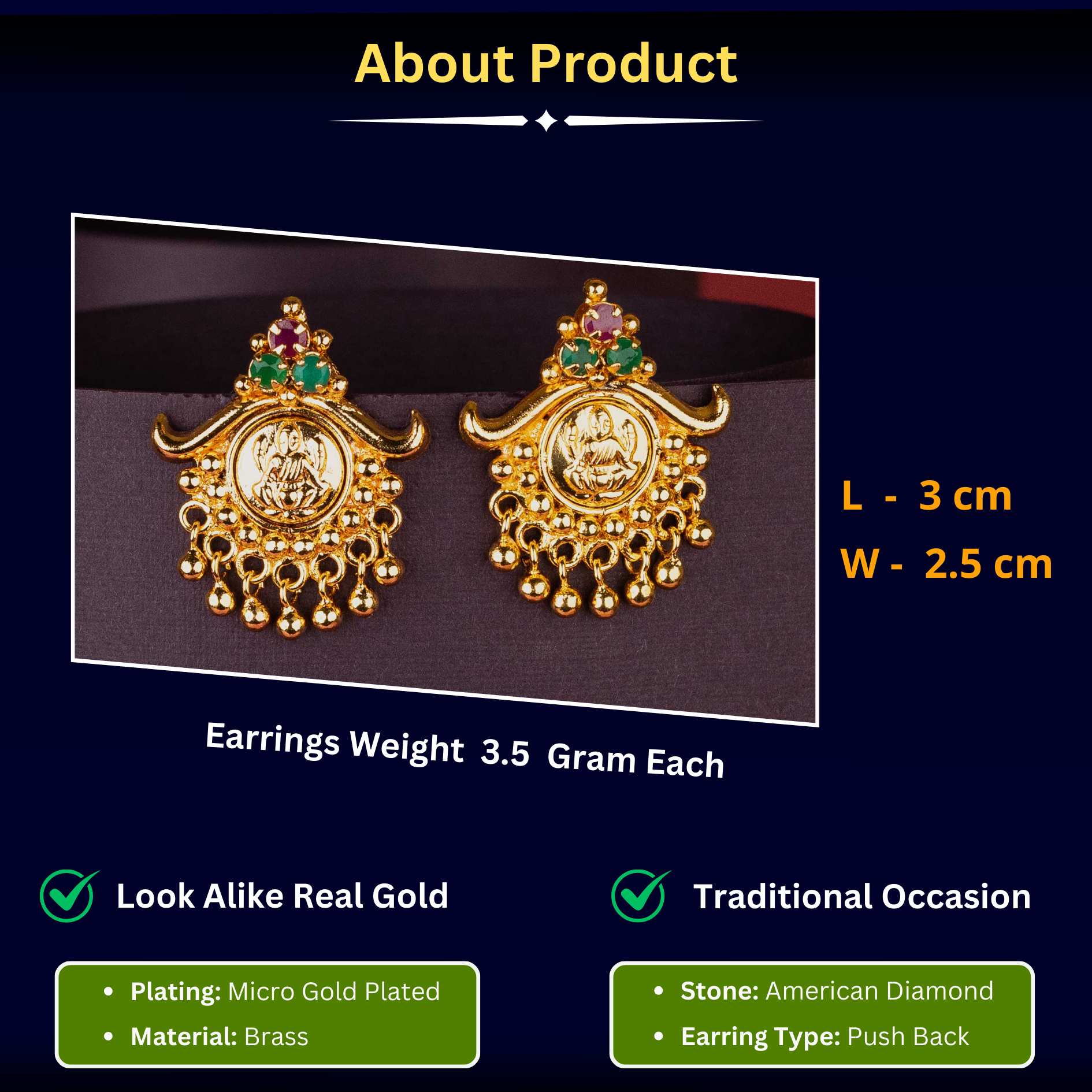 Temple Lakshmi Designer Golden Ball Hanging AD Stone Measurement Details Sasitrends