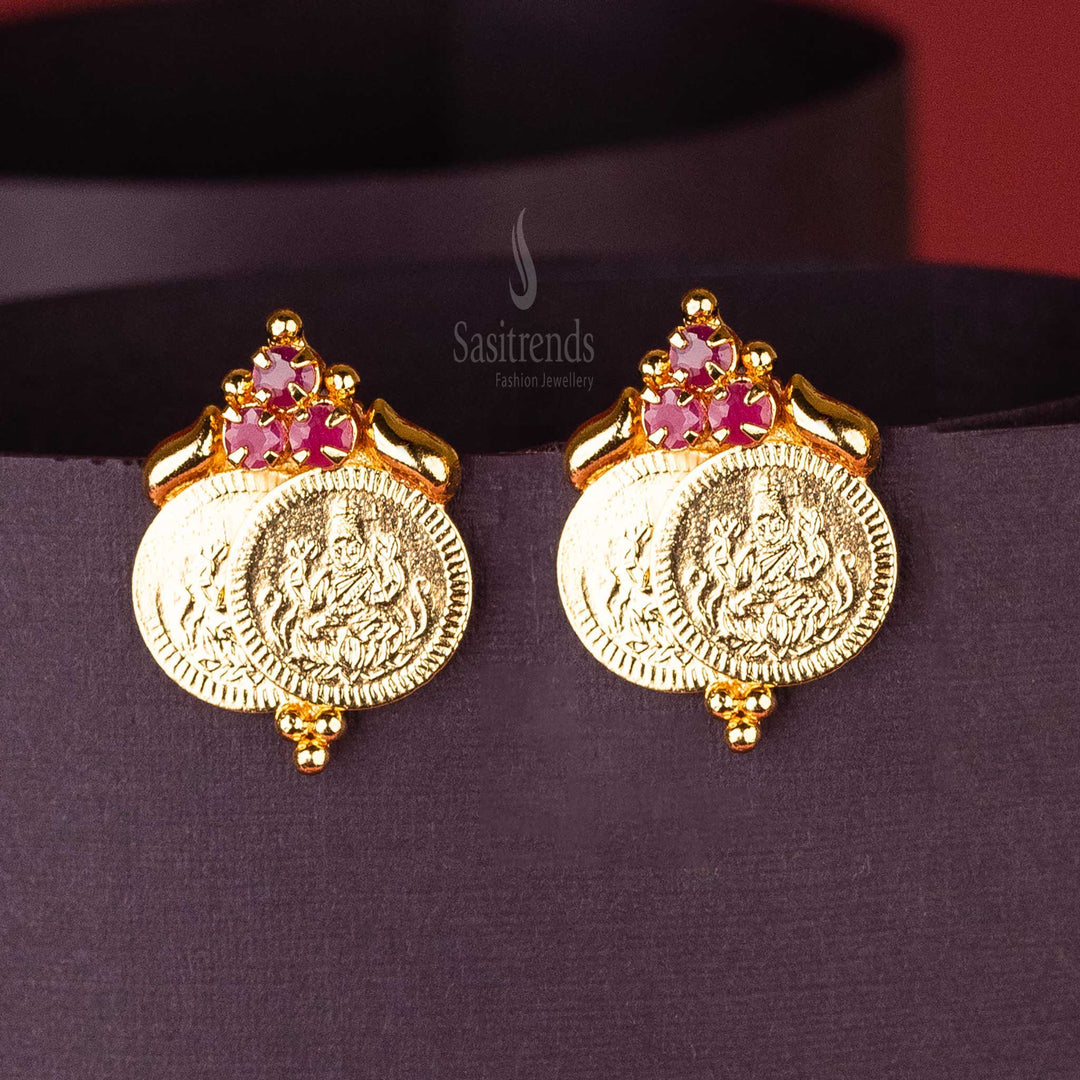 Traditional Ruby Double Lakshmi Coin Earrings with AD Stones and Gold Balls