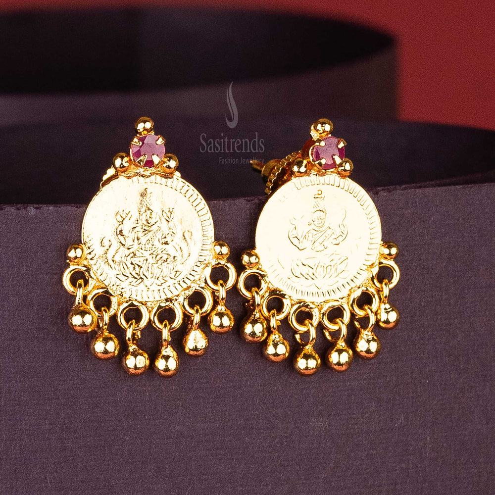 Classic Ruby Lakshmi Coin Gold Plated Earrings with AD Stone and Dangling Golden Balls – Elegant Design