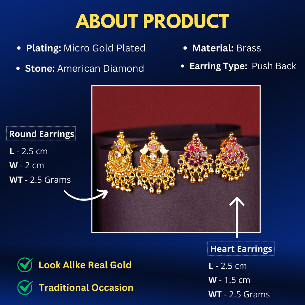 Traditional Guaranteed Micro Gold Plated Combo Earrings Measurement Details