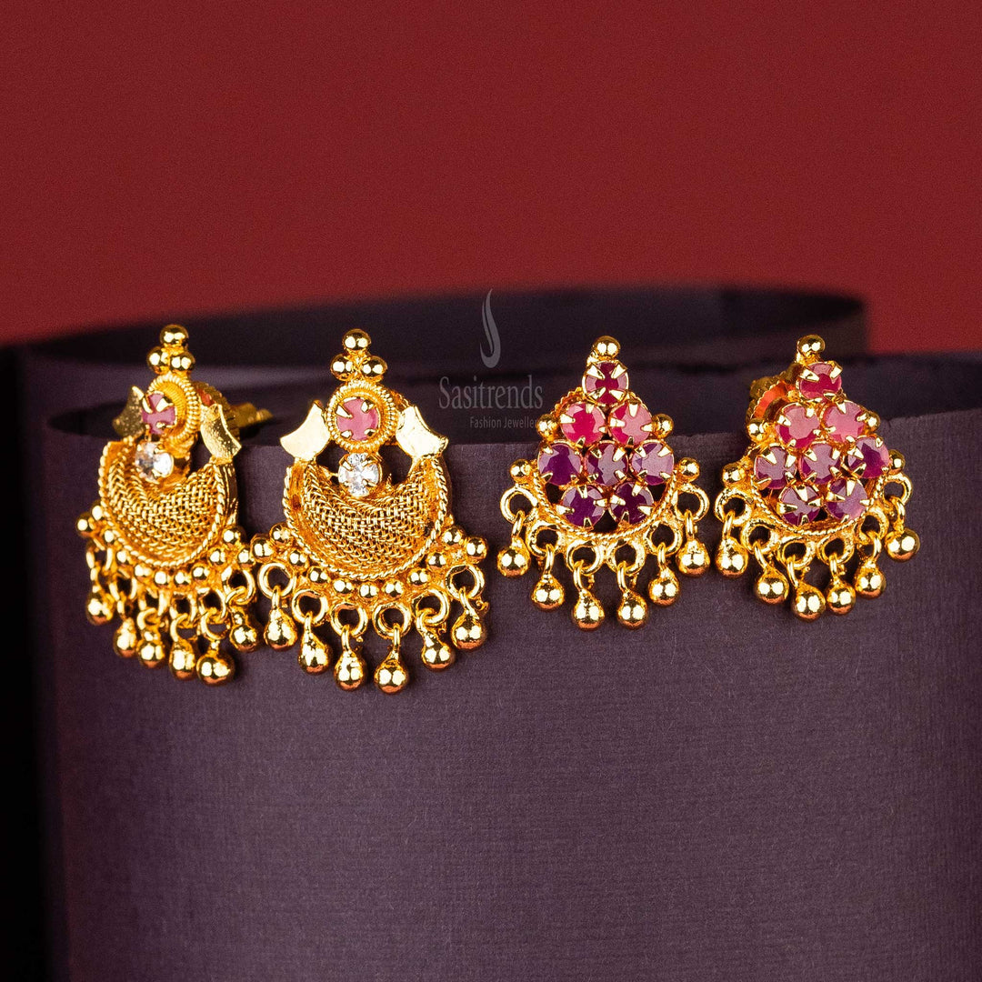 Crescent and Floral Earrings Combo with AD Stones – Gold Plated Traditional Jewellery