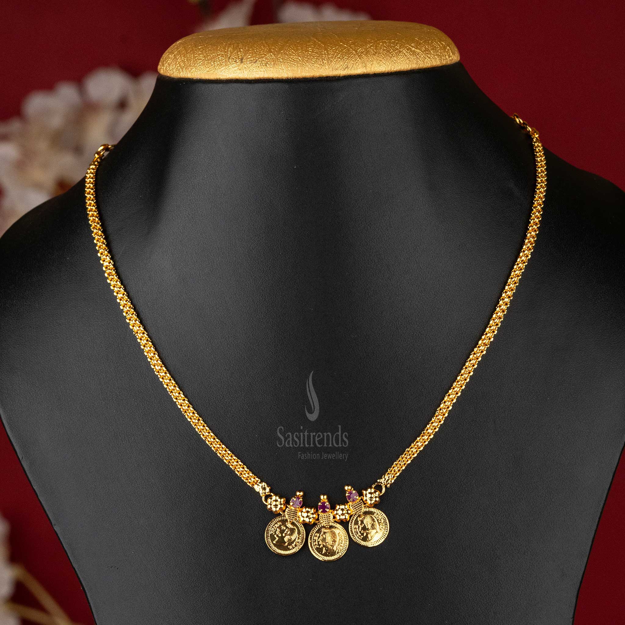 Kerala Traditional Coin Head Necklace with Pink Stones - 24 Carat Gold Micro Plated