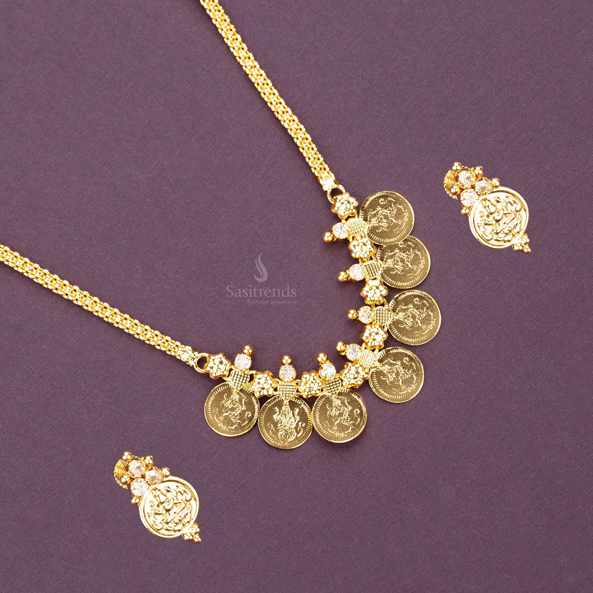 White AD stone Lakshmi coin necklace with flower motifs sasitrends