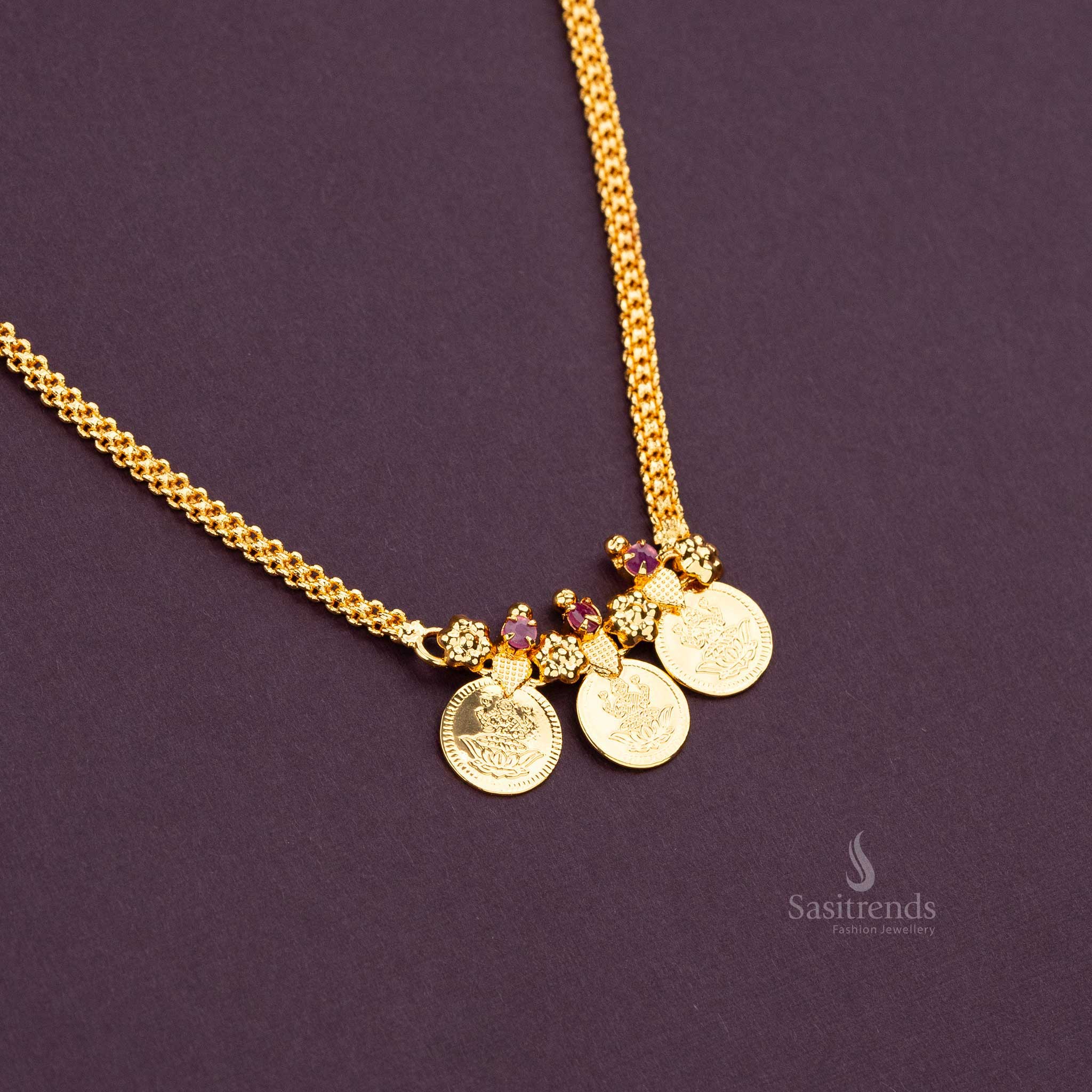 Sasitrends Micro Gold Plated Lakshmi Coin Necklace with Pink Stones