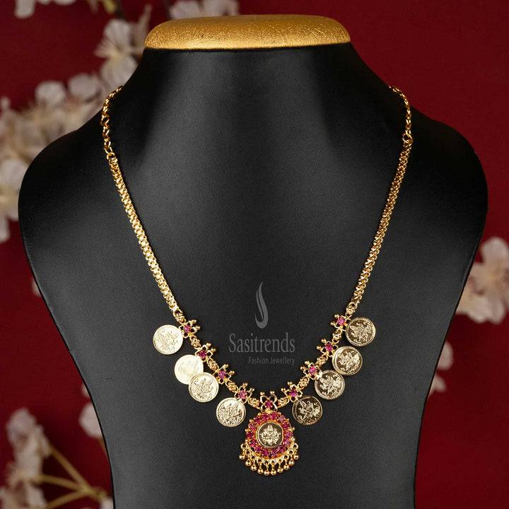 Lakshmi Motif Kerala Necklace with Step Coins, Pink Stones, and Micro Gold Plating