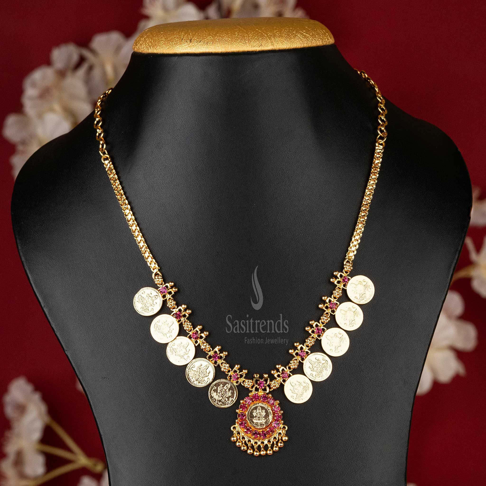 Kerala Style Step Coin Necklace with Lakshmi Motif, Pink Stones, and Golden Ball Accents