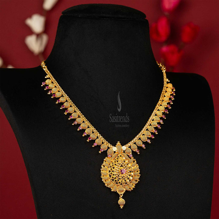 Sasitrends - Micro Gold Plated One Gram AD Stone Studded Necklace with Intricate Leaf Motif Pendant