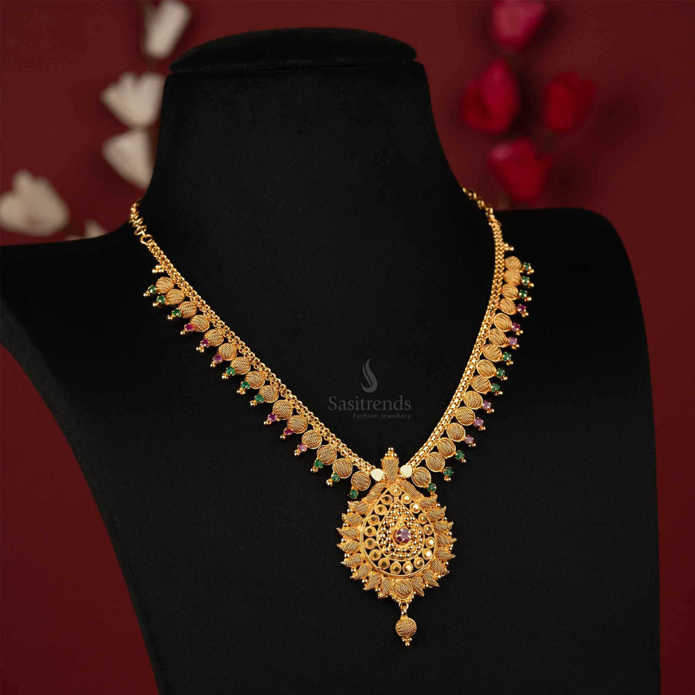 One Gram Gold Plated Necklace with AD Stones and Leaf Design - Ruby-Green