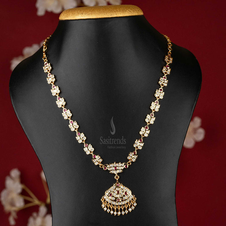 Sasitrends - Charming Impon AD Stone Necklace for Women with Elegant Pendant and Hanging Beads - One Gram Micro Gold Plated