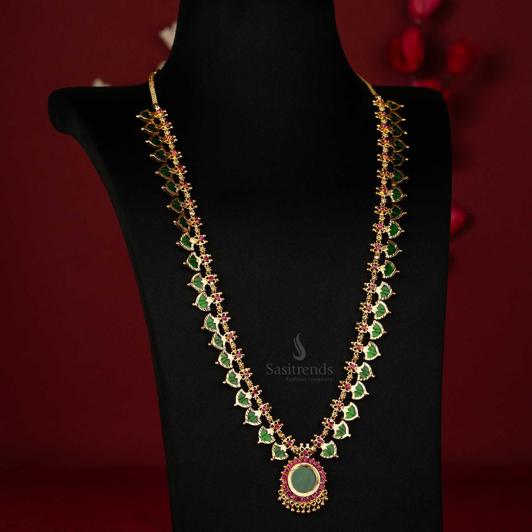 Kerala Palakka Long Necklace with Circle Pendant and Golden Balls in Green - One Gram Micro Gold Plated