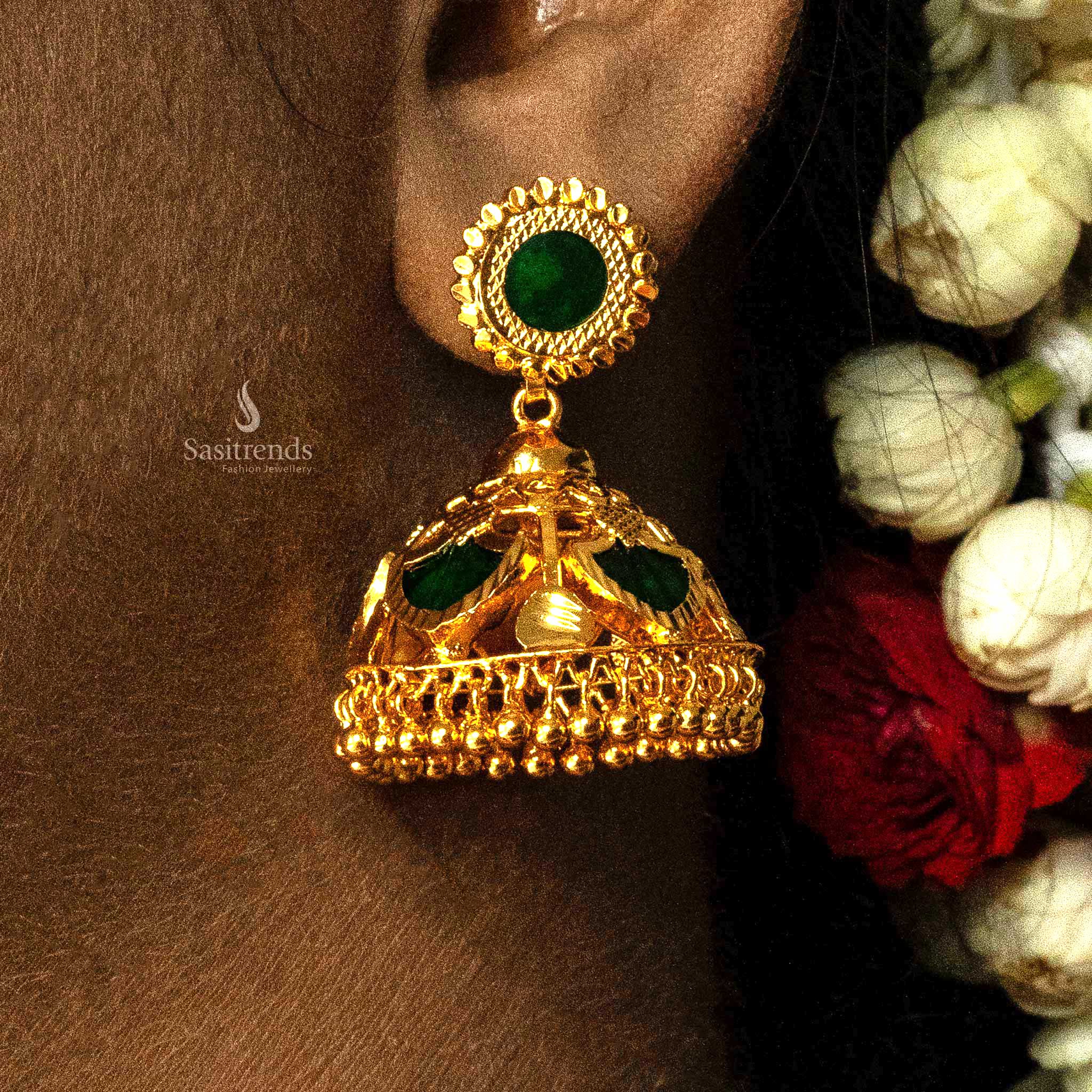 Elegant Kerala Palakka Long Necklace with Circle Pendant Earrings and Golden Balls in green- One Gram Micro Gold Plated