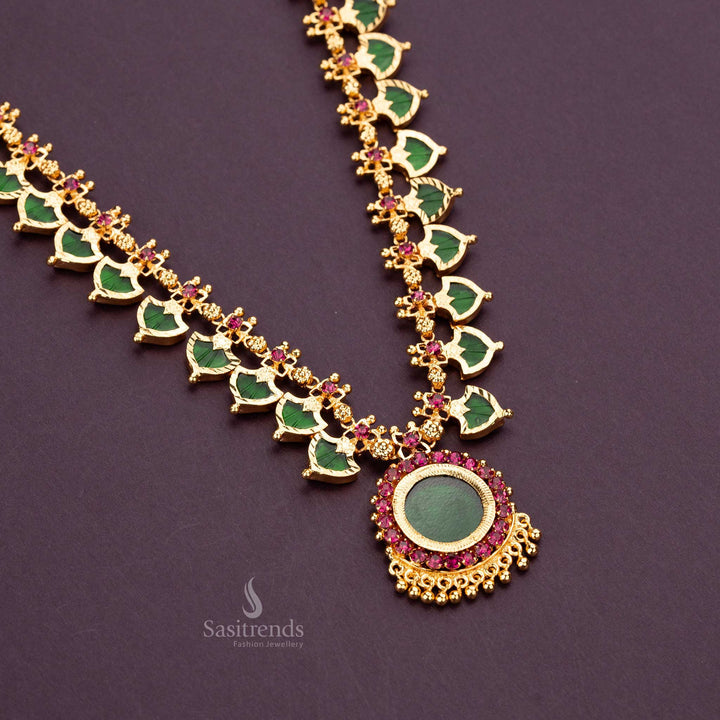 Green Necklace - Kerala Palakka Long Necklace with Circle Pendant and Golden Balls in Green - One Gram Micro Gold Plated - Sasitrends