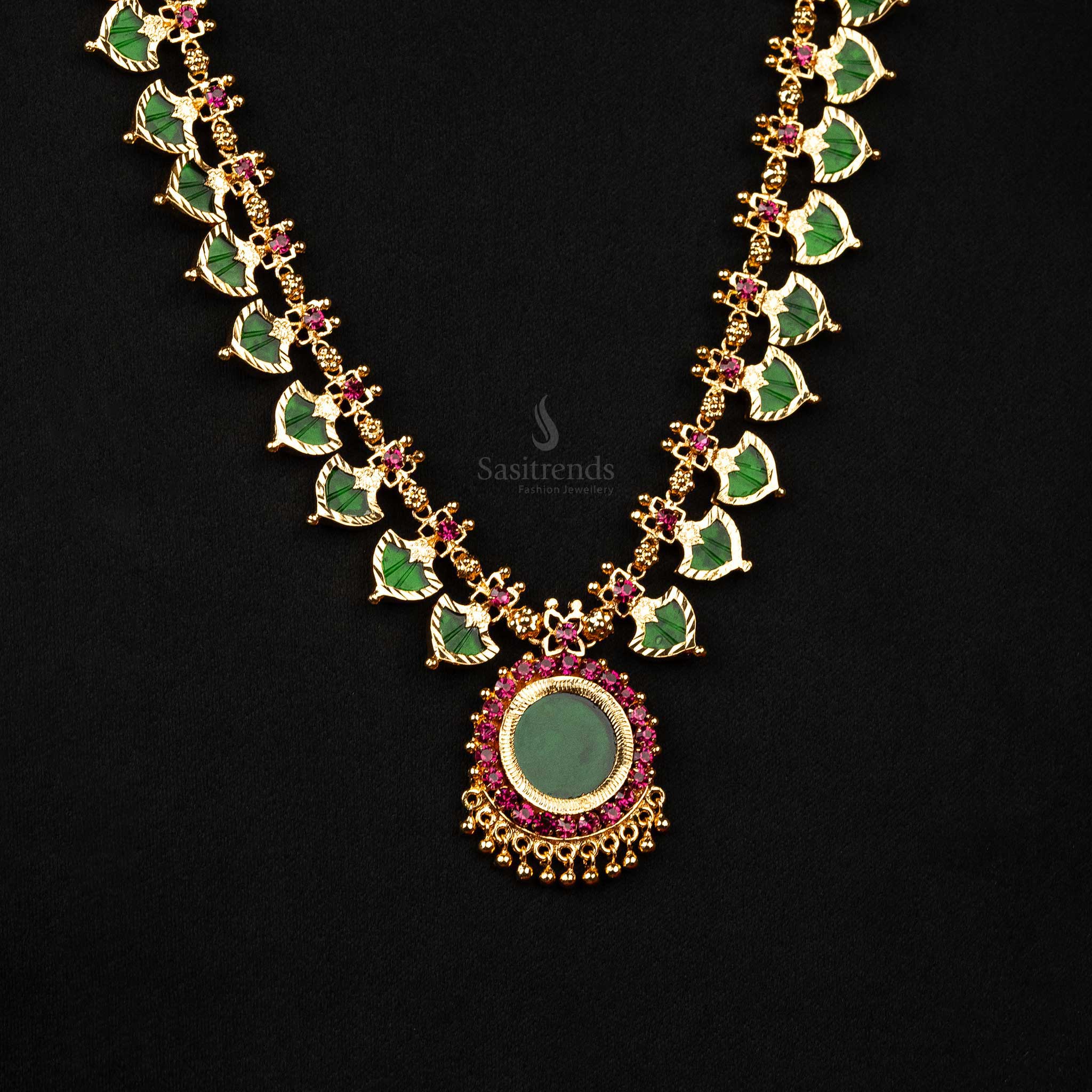 Kerala Palakka Long Necklace with Circle Pendant and Golden Balls in Green - One Gram Micro Gold Plated Sasitrends