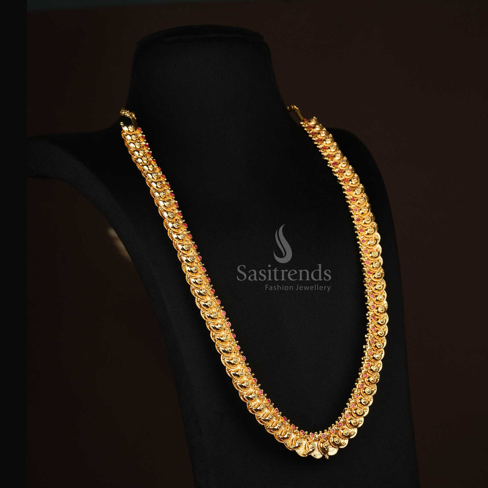 Exquisite gold-plated long necklace with a paisley and coin design, adorned with ruby stones, ideal for festive saree celebrations - Sasitrends