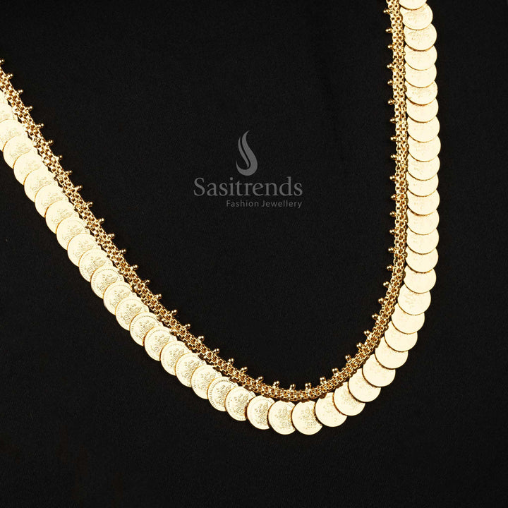 Divine long necklace with big Lakshmi coins in elegant micro gold plated finish ideal for traditional wear - Sasitrends