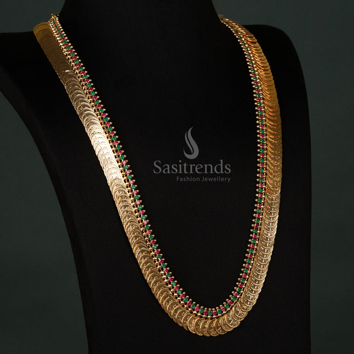 Royal micro gold-plated long necklace featuring divine Lakshmi coins, embedded with striking ruby-green stones - Sasitrends