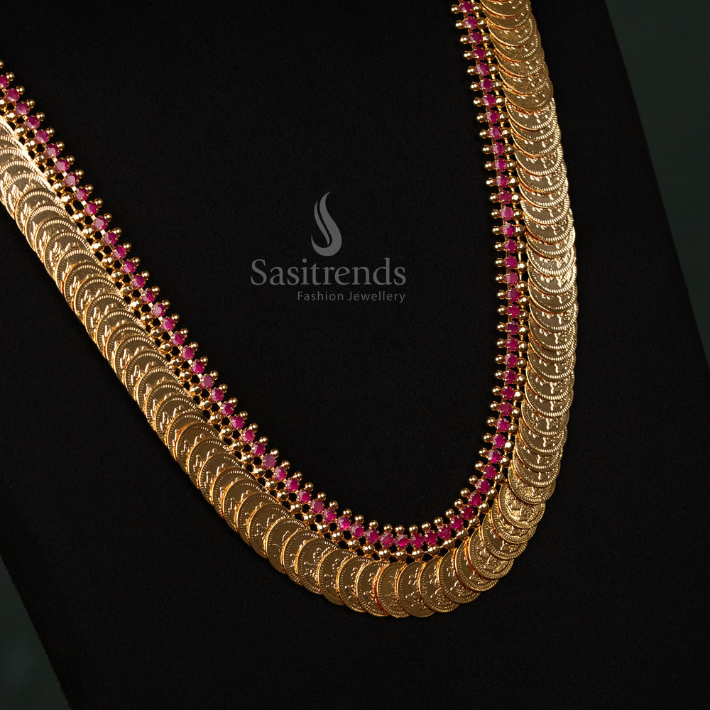 Grand micro gold-plated Lakshmi coin long necklace set, adorned with ruby stones and shimmering American diamonds - Sasitrends