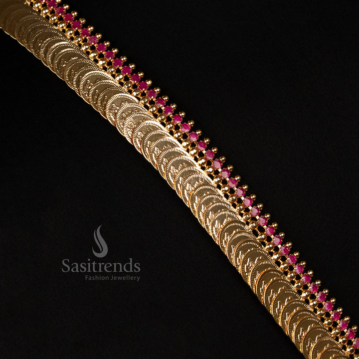 Antique-style Lakshmi coin long necklace in micro gold plating, beautifully decorated with ruby embellishments - Sasitrends