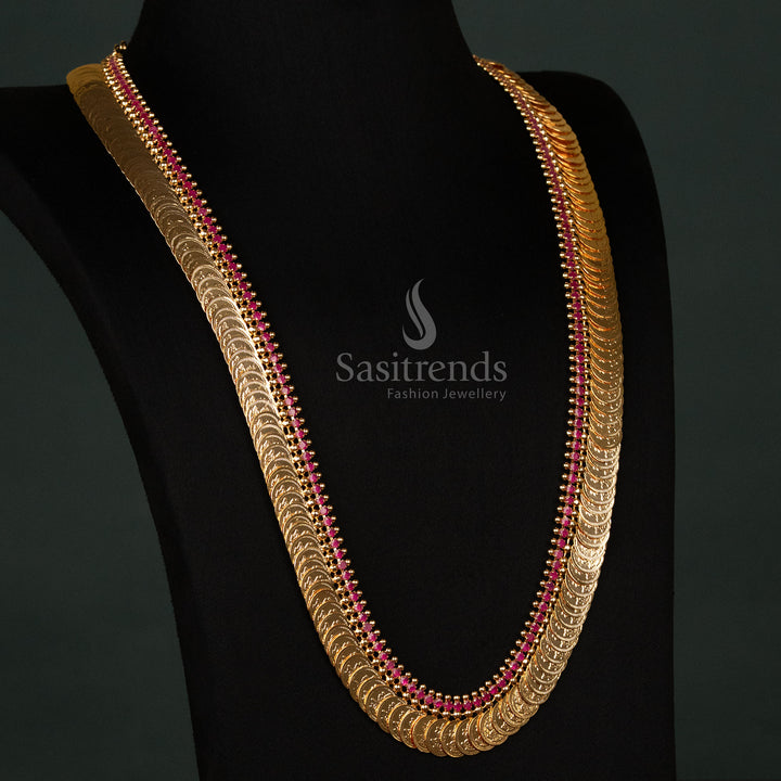 Divine micro gold-plated long necklace with intricately carved Lakshmi coins, adorned with ruby American diamonds, making it an ideal temple jewellery set for saree ensembles - Sasitrends