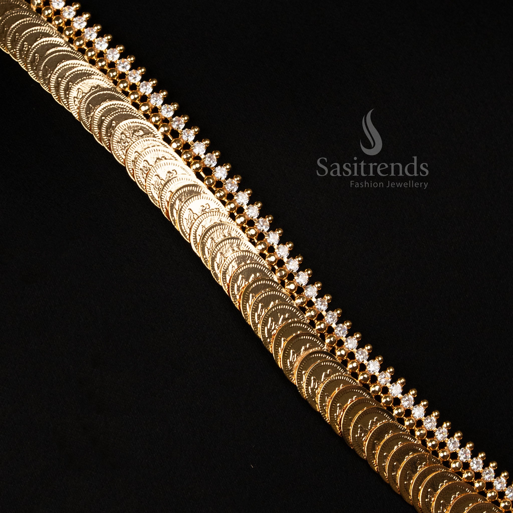 Luxurious micro gold-plated Lakshmi coin long necklace, adorned with sparkling white American diamonds, a perfect ethnic jewellery piece for saree and bridal wear - Sasitrends