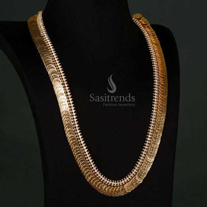 Classic micro gold-plated Lakshmi coin long necklace featuring stunning white stones, an ideal temple jewellery set for sarees and festive celebrations - Sasitrends