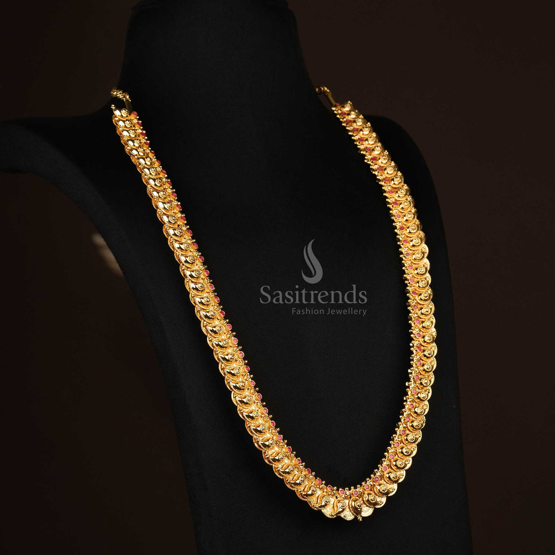 Stunning paisley coin gold-plated long necklace embellished with sparkling ruby stones, crafted for elegant ethnic saree ensembles- Sasitrends