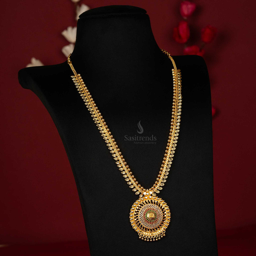 Long gold-plated Lakshmi pendant necklace with white AD stones, one-gram micro gold-plated guaranteed jewellery