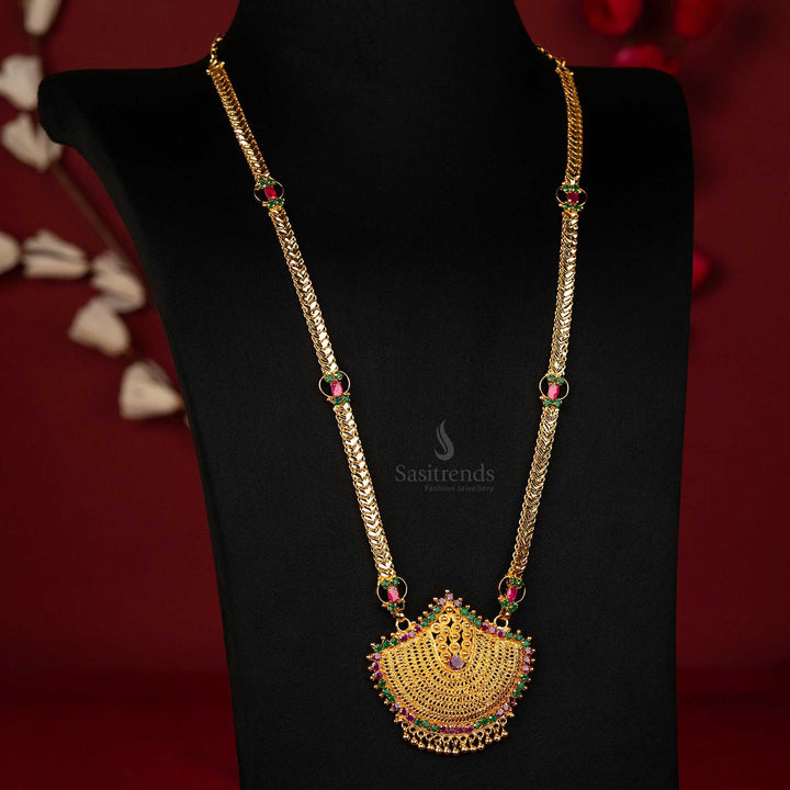 Traditional ruby-green stone one gram gold dollar chain, gold finish pendant