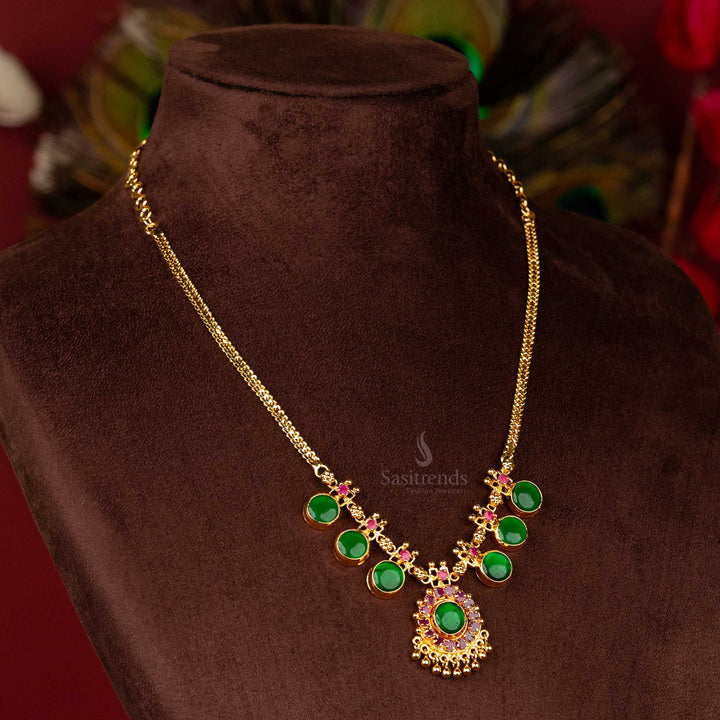 Elegant Kerala Palakka Round Motif Necklace with Pink Stone Pendant and Hanging Golden Balls - One Gram Micro Gold Plated - Step 3