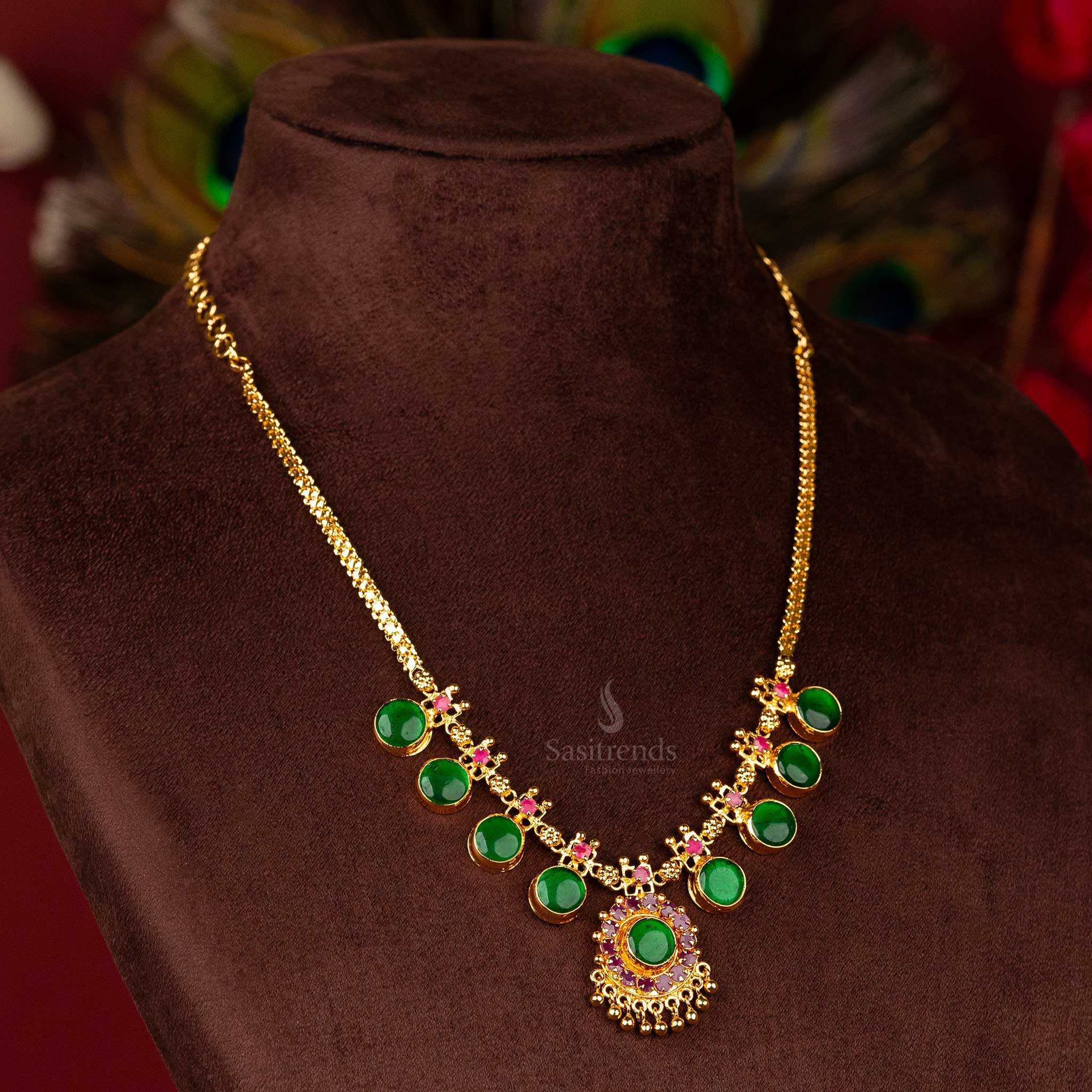 Guaranteed Kerala Palakka Necklace with Circular Pendant, Pink Stones, and Flexible Chain - One Gram Micro Gold Plated - Step 4