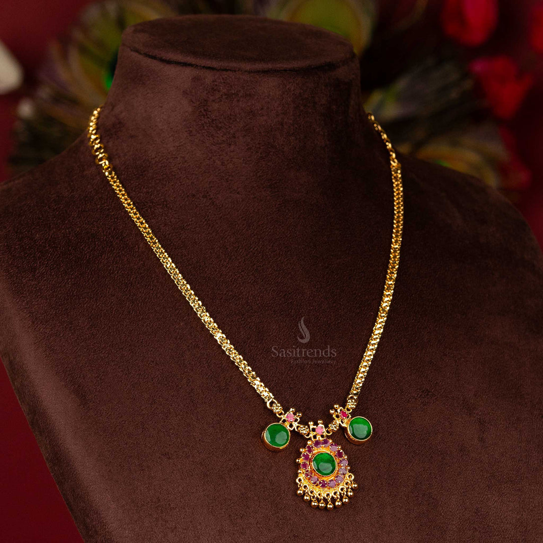 Kerala Palakka Necklace with Circular Pendant, Pink Stones, and Golden Balls - One Gram Micro Gold Plated - Step 1