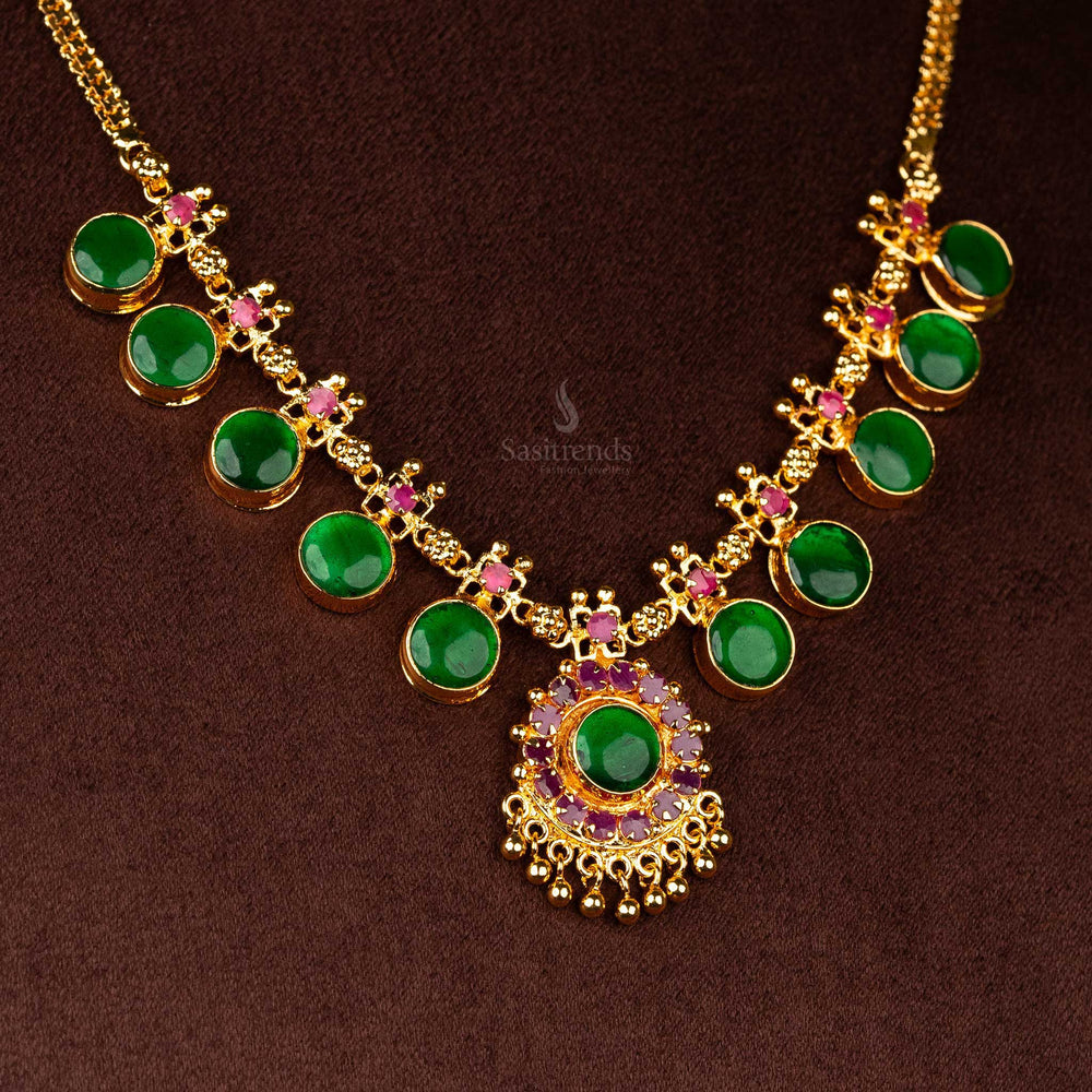 Kerala Palakka Round Motif Necklace with Pink Stones and Golden Balls - Flexible Chain - One Gram Micro Gold Plated Sasitrends