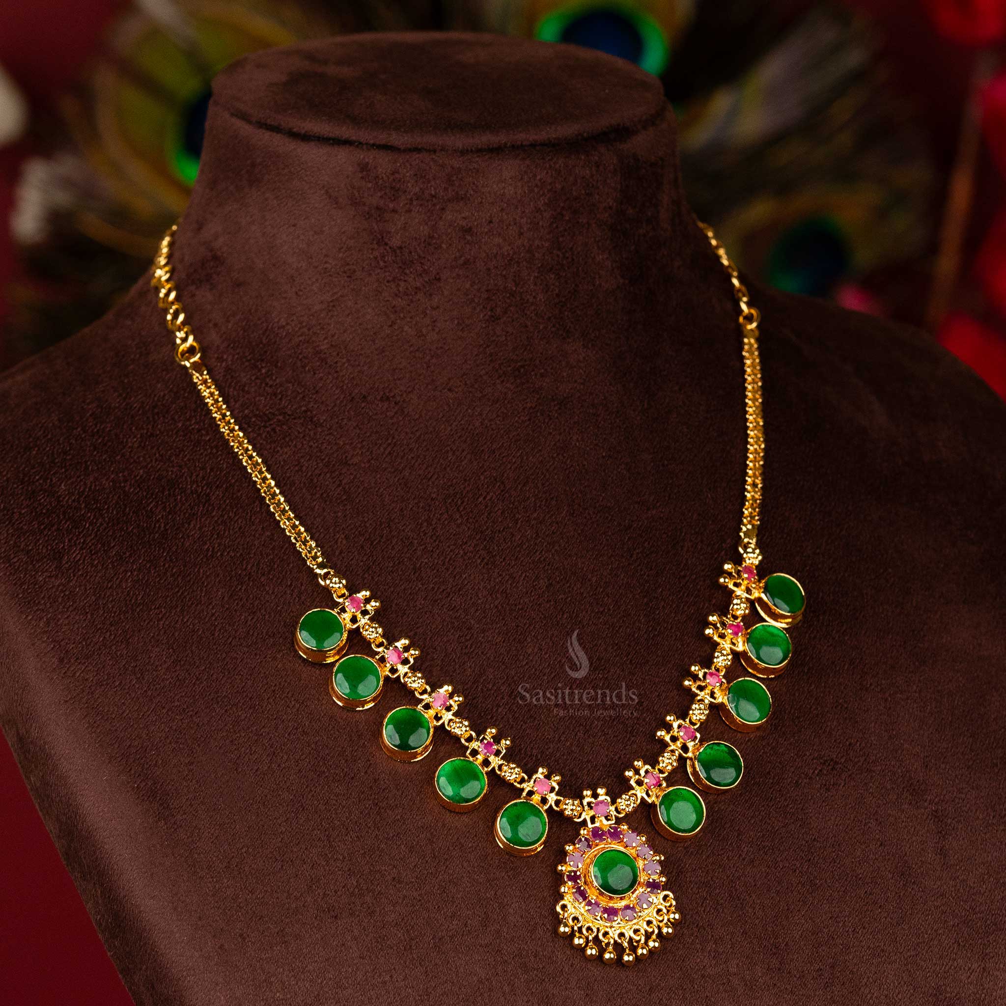 Kerala Palakka Round Motif Necklace with Pink Stones and Golden Balls - Flexible Chain - One Gram Micro Gold Plated - Step 5